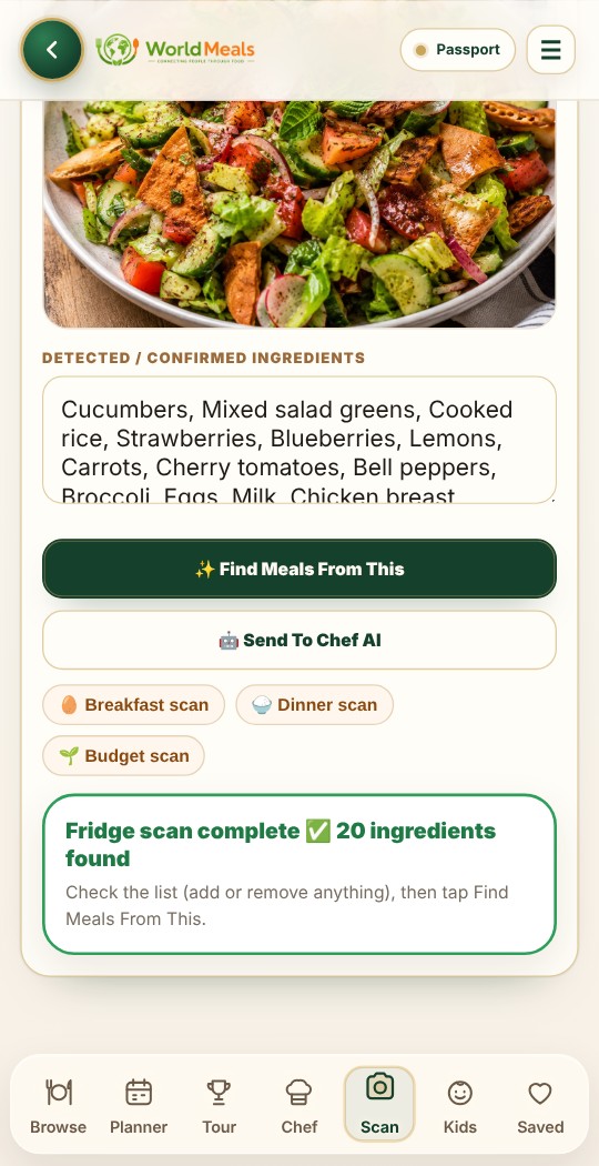 WorldMeals Fridge Scan screen: scan your fridge and confirm ingredients