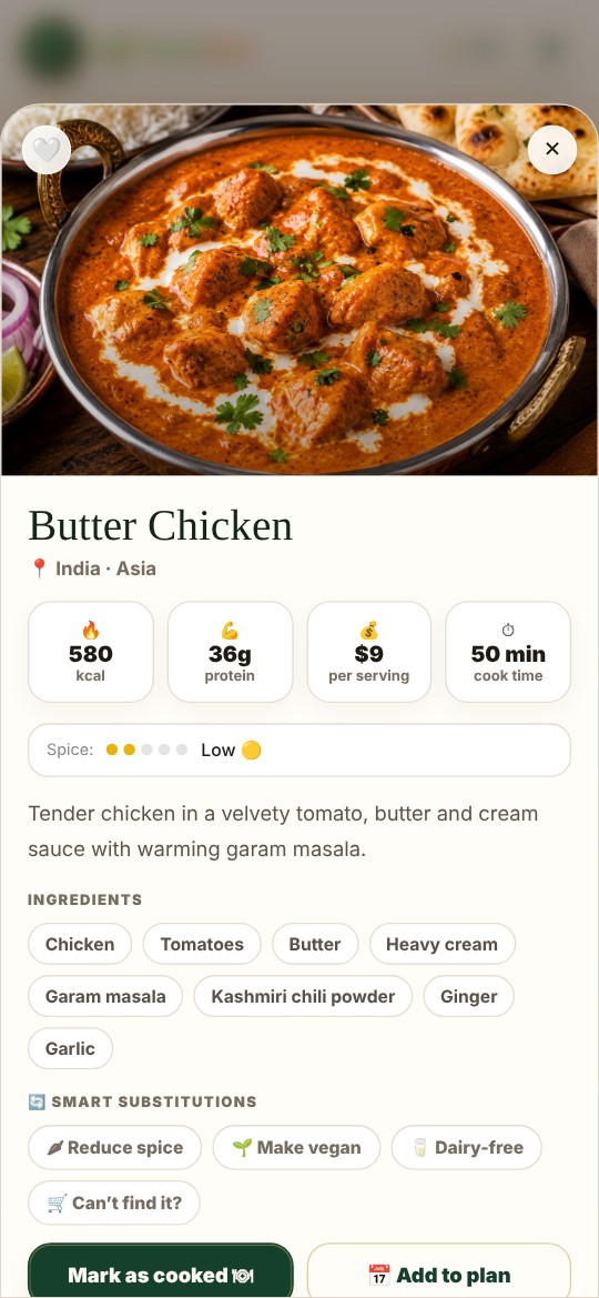 WorldMeals recipe screen for Butter Chicken