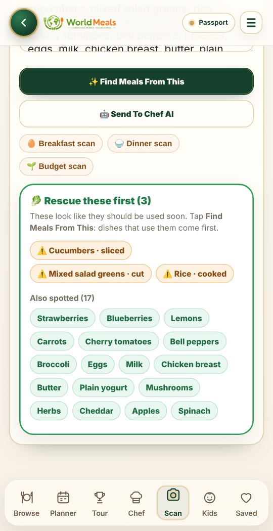 WorldMeals Food Rescue screen: ingredients to rescue first