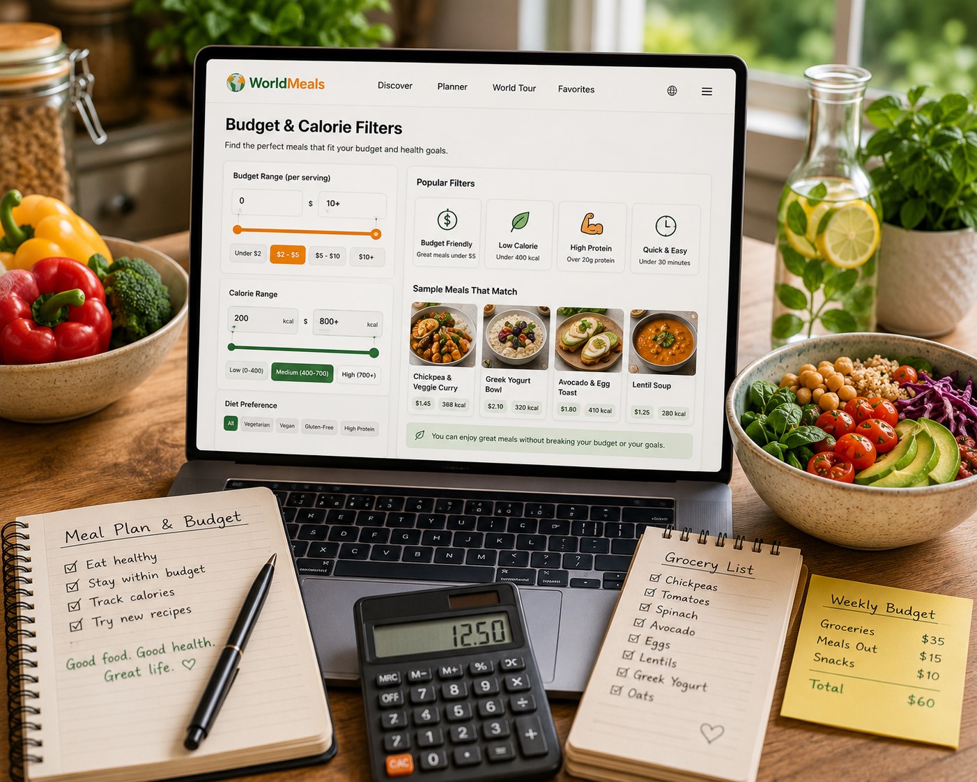 Budget and calorie meal planning with fresh ingredients