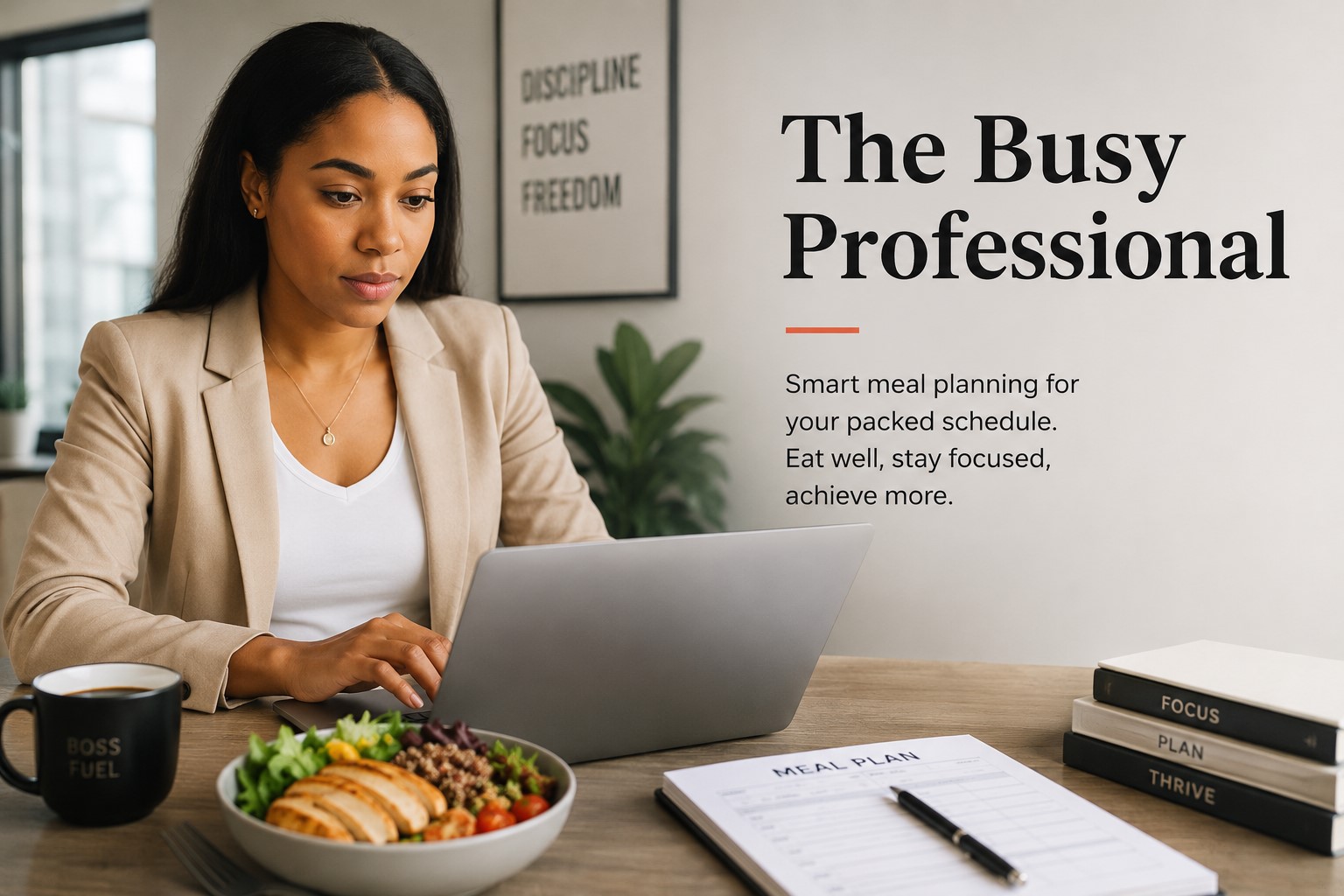 Busy professional planning meals while working