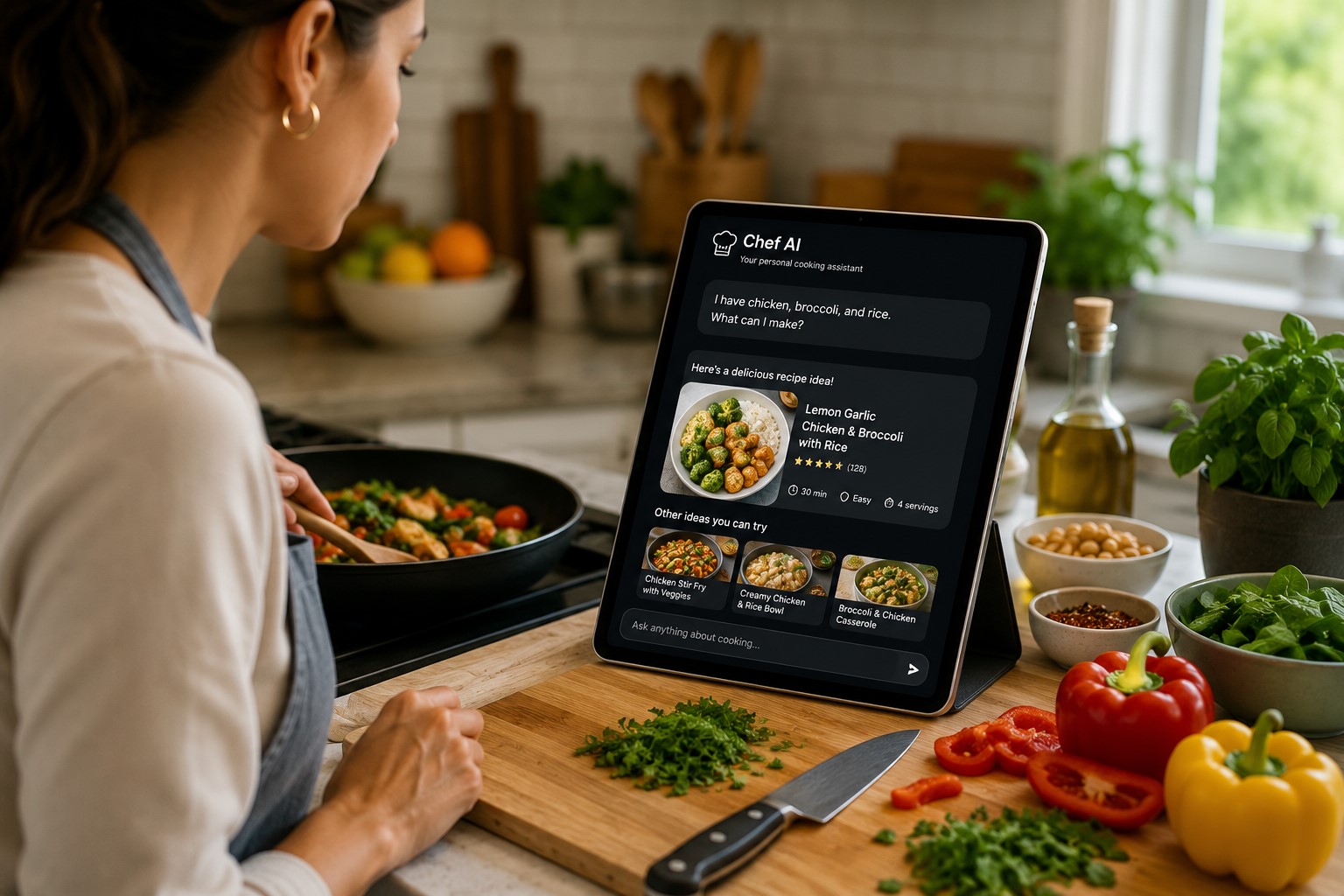 Home cook using Chef AI while preparing a meal