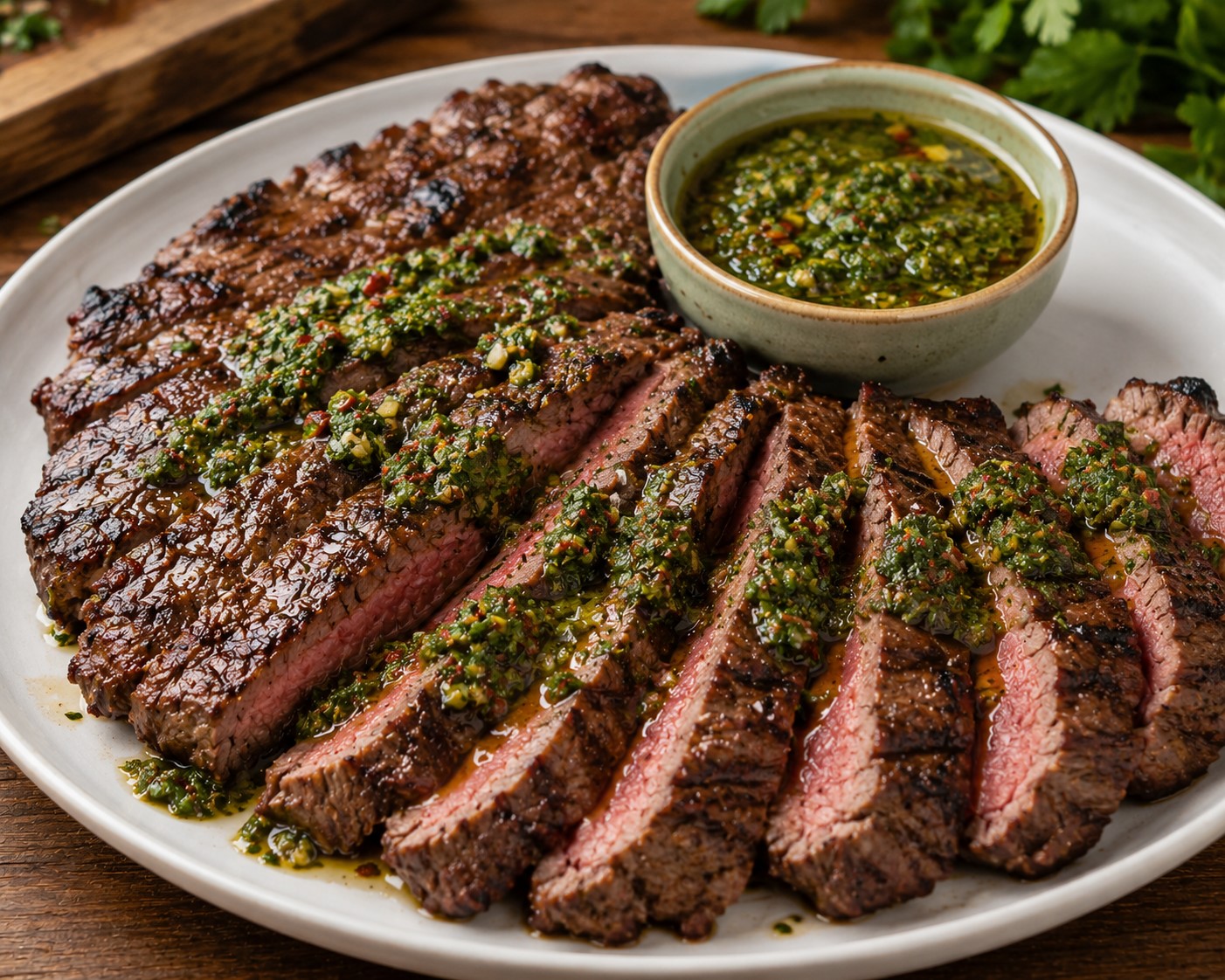 Sliced steak with chimichurri sauce