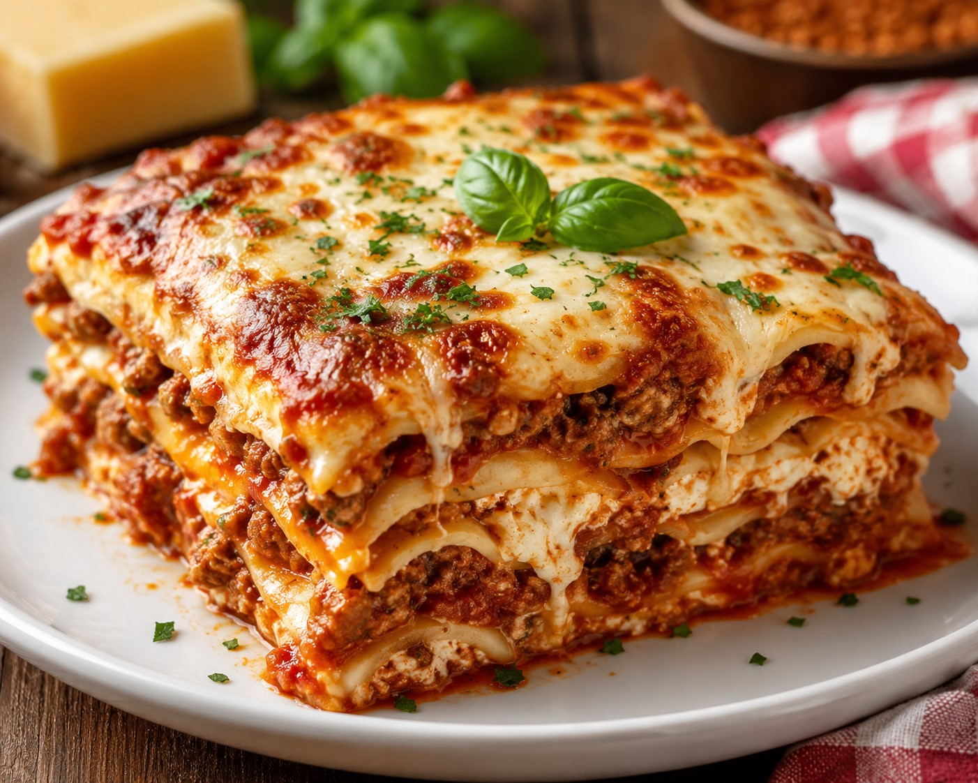 Baked lasagna with melted cheese