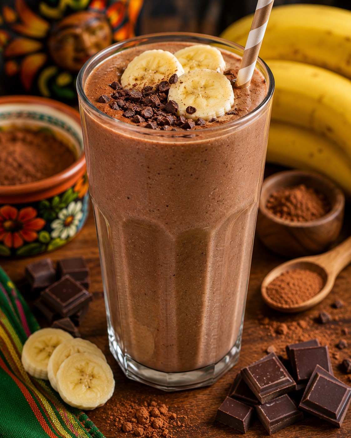 Chocolate banana protein smoothie topped with banana slices