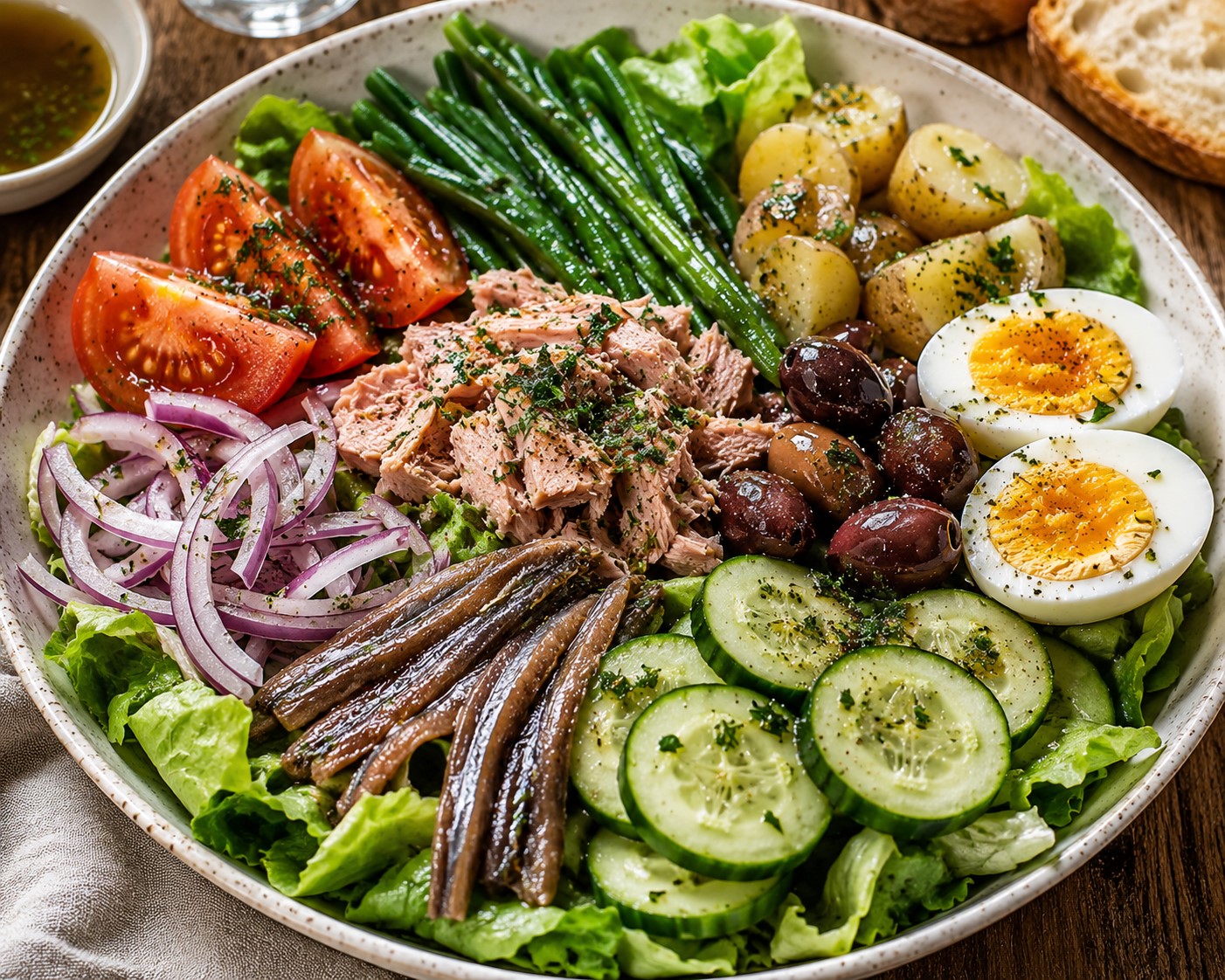 Salade Niçoise with tuna, eggs, green beans and olives
