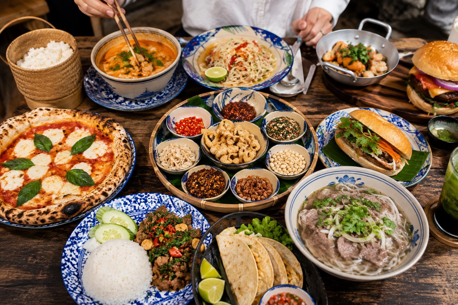 Colorful table featuring dishes from around the world
