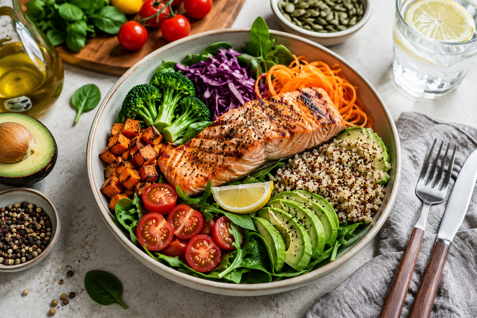 Healthy salmon, quinoa, vegetables and fresh ingredients