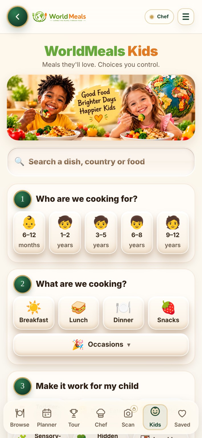 Welcome to WorldMeals Kids — actual WorldMeals Kids app screen