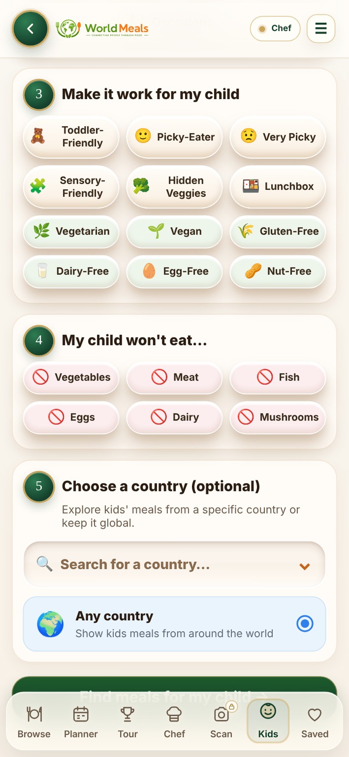 Choices that work for your child — actual WorldMeals Kids app screen
