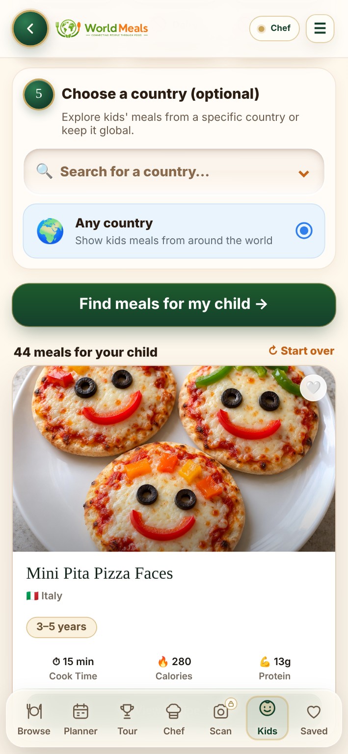 Find meals from around the world — actual WorldMeals Kids app screen