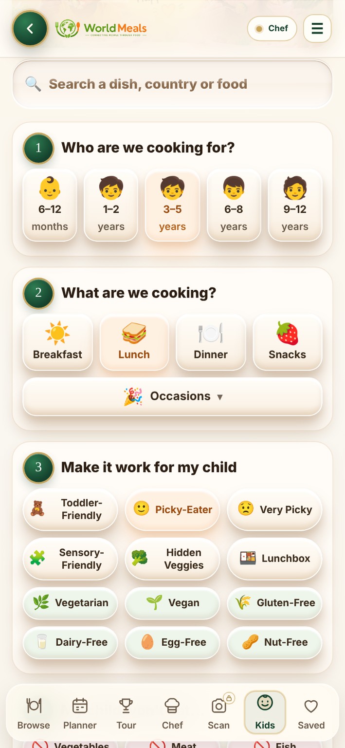 Choose an age and meal type — actual WorldMeals Kids app screen