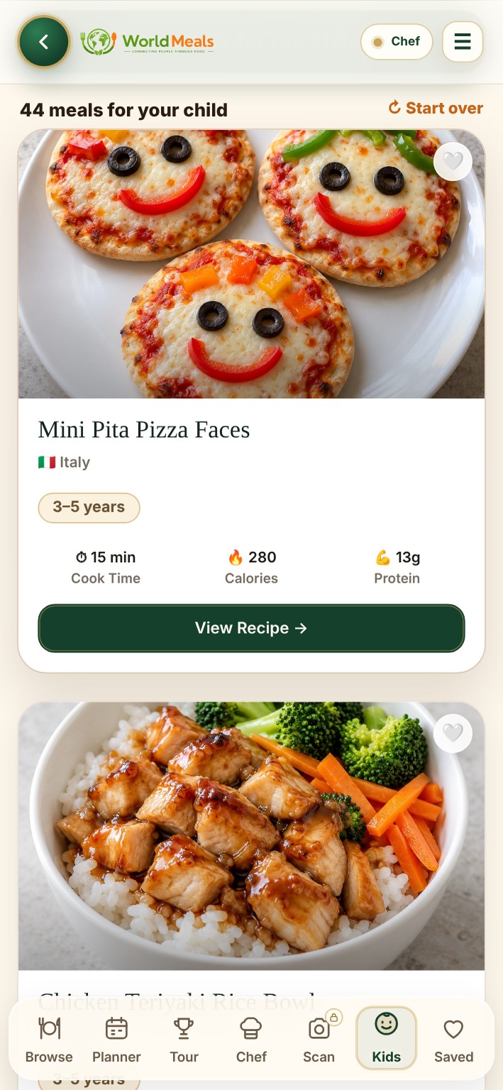 Explore dishes and view recipes — actual WorldMeals Kids app screen