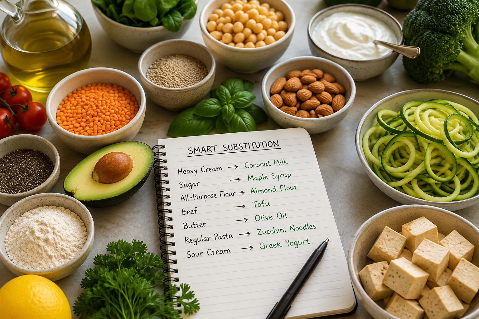 Smart ingredient substitutions arranged with fresh foods