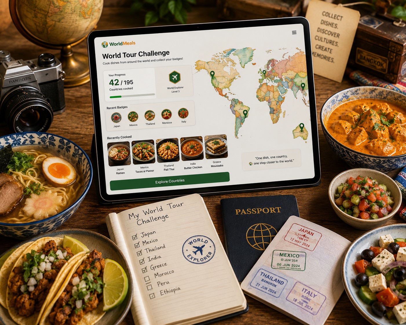World food tour challenge with dishes and travel objects